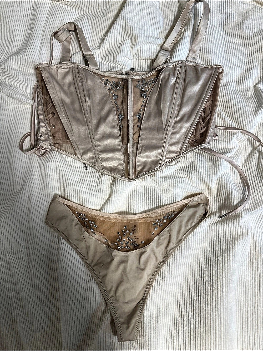 Thistle & Spire Embellished Corset & Panty Set in Beige XL/M